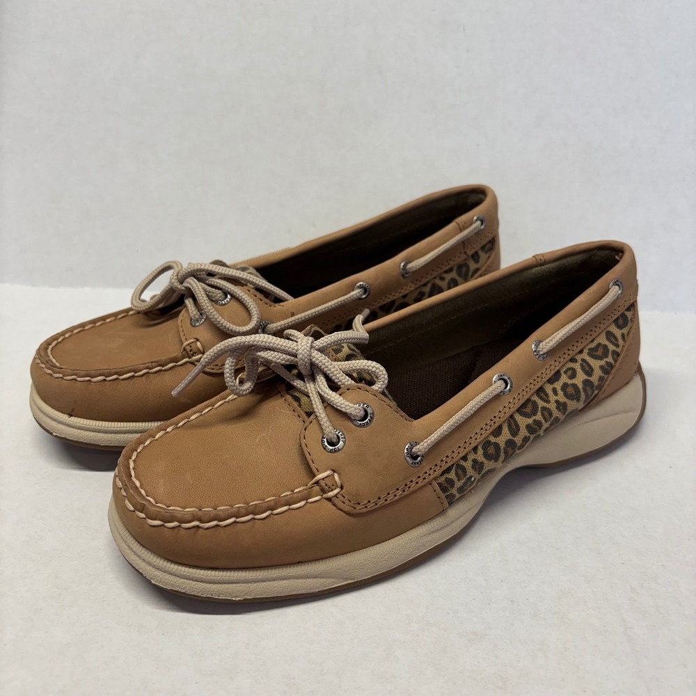 Sperry Women Boat Shoes Sz 7 Tan Leopard Laguna Linen Leather Loafers 9770116